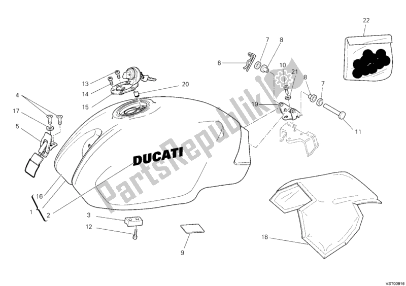 All parts for the Fuel Tank of the Ducati Monster S2R 1000 USA 2008